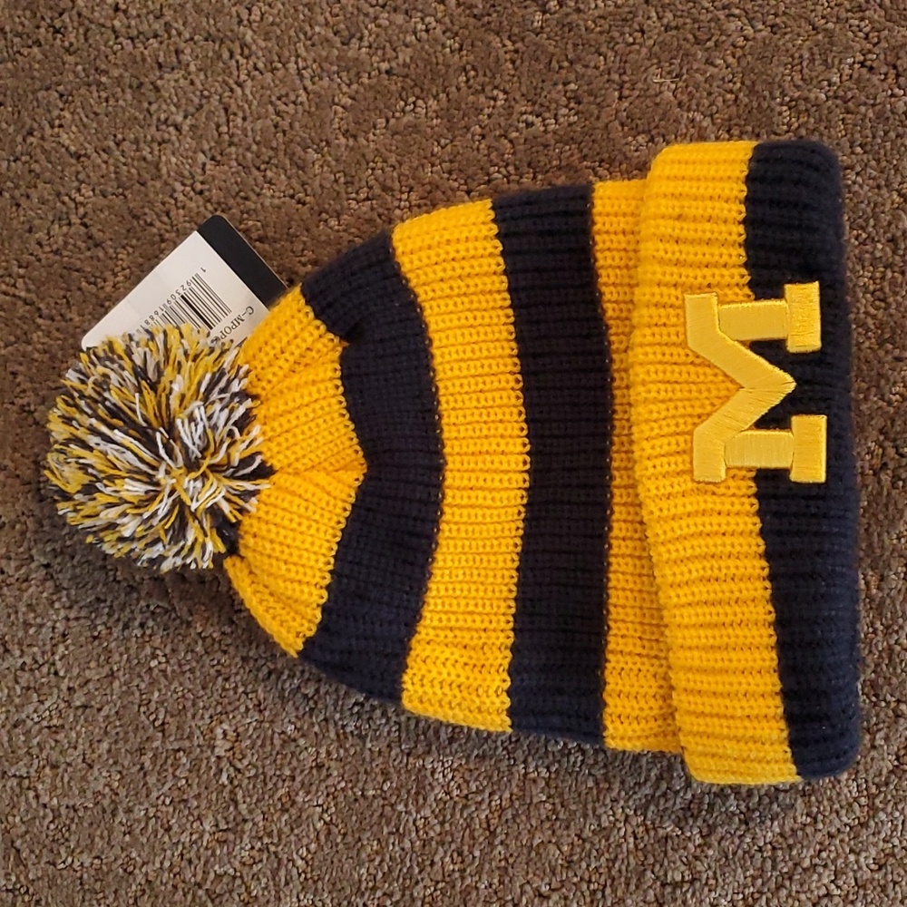 Yellow and Blue Striped Beanie with Pom